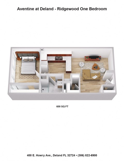 Floor plan for 1 bed, 1 bath, 600 sqft